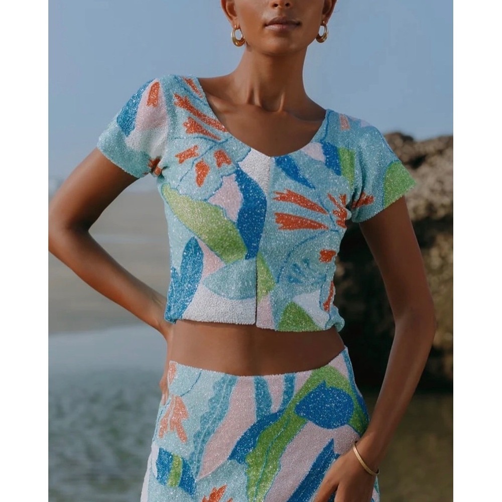 Oceanus The Label Maya Petal Hand Beaded Mesh Top Aqua Blue Floral Womens Small